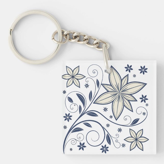 Elegant Navy Blue Floral Pattern |  Key Ring (Front)