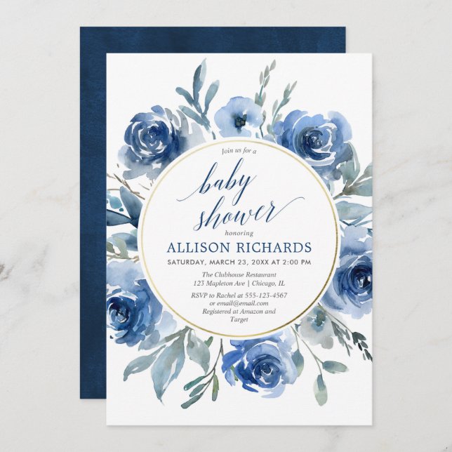 Elegant navy blue floral peonies boy baby shower invitation (Front/Back)