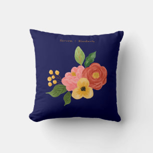 Elegant Navy Blue Floral Personalised Wedding  Cushion