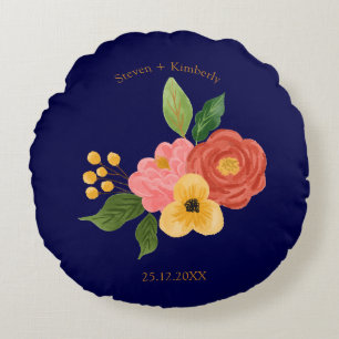 Elegant Navy Blue Floral Personalised Wedding  Round Cushion