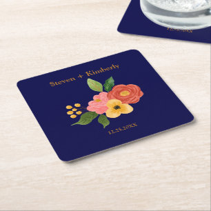 Elegant Navy Blue Floral Personalised Wedding Square Paper Coaster