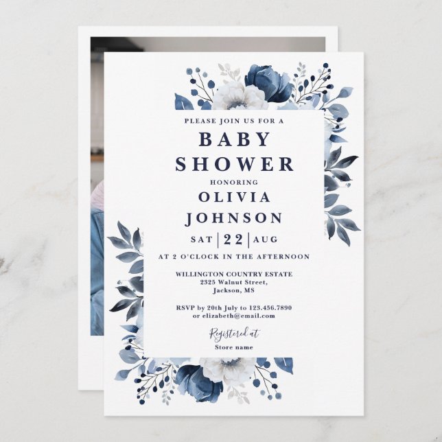 Elegant Navy Blue Floral Photo Baby Shower Invitation (Front/Back)