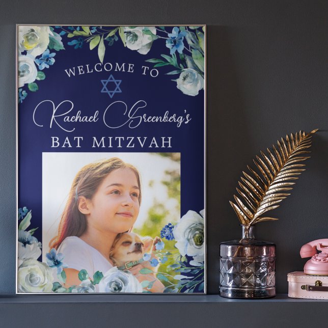 Elegant Navy Blue Floral Photo Bat Mitzvah Welcome Poster (Creator Uploaded)