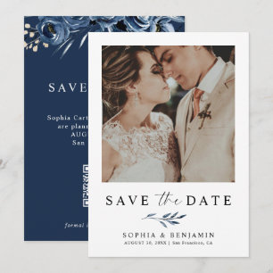Elegant Navy Blue Floral Photo & QR Code Wedding Save The Date