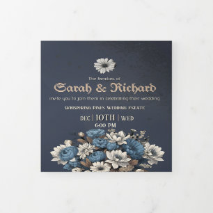 Elegant Navy Blue Floral Photo & RSVP Wedding Tri-Fold Invitation