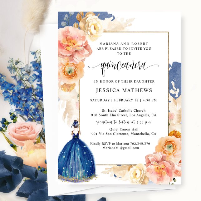 Elegant Navy Blue Floral Princess Quinceañera Invitation (Creator Uploaded)