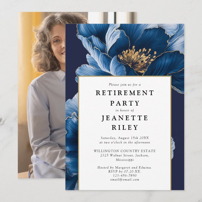 Elegant Navy Blue Floral Retirement Party Photo Invitation (Front/Back)