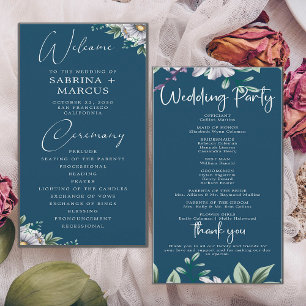 Elegant Navy Blue Floral Script Wedding Ceremony  Programme
