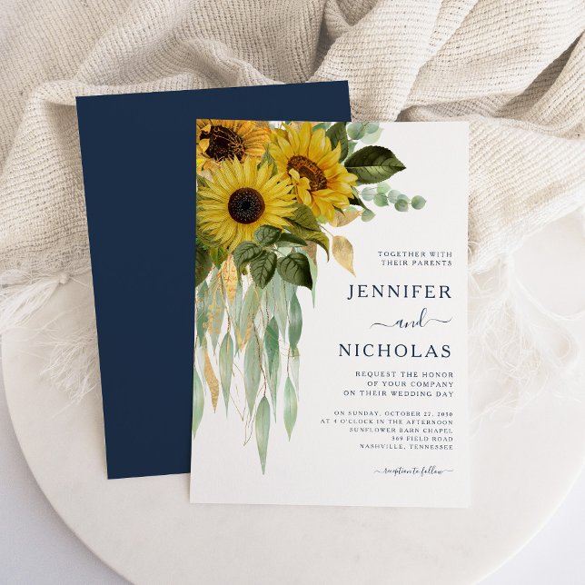 Elegant Navy Blue Floral Sunflower Wedding Invitation (Navy Blue Floral Sunflower Eucalyptus Wedding Invitation)