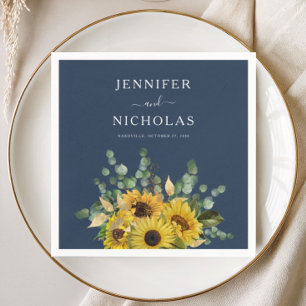 Elegant Navy Blue Floral Sunflower Wedding Napkin