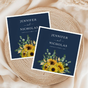 Elegant Navy Blue Floral Sunflower Wedding Napkin