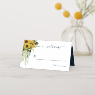 Elegant Navy Blue Floral Sunflower Wedding Place Card