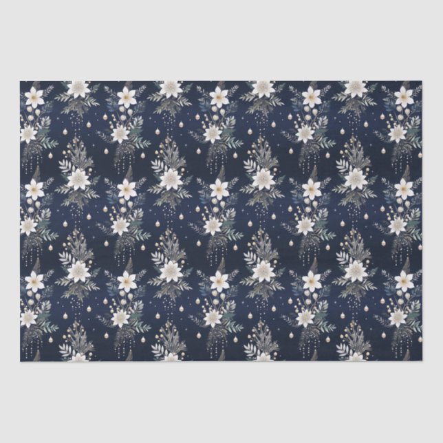 Elegant Navy Blue Floral Tissue Paper (Front)