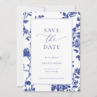 Elegant Navy Blue Floral Toile Save the Date