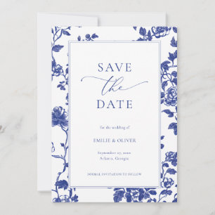 Elegant Navy Blue Floral Toile Save the Date Invitation