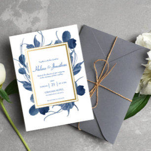 Elegant Navy Blue Floral Watercolor Rustic Wedding Invitation