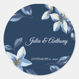 Elegant Navy Blue Floral Wedding Favour Sticker
