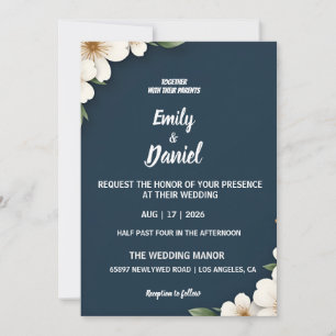 Elegant Navy Blue Floral Wedding Invitation