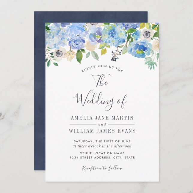 Elegant Navy Blue Floral Wedding Invitation (Front/Back)