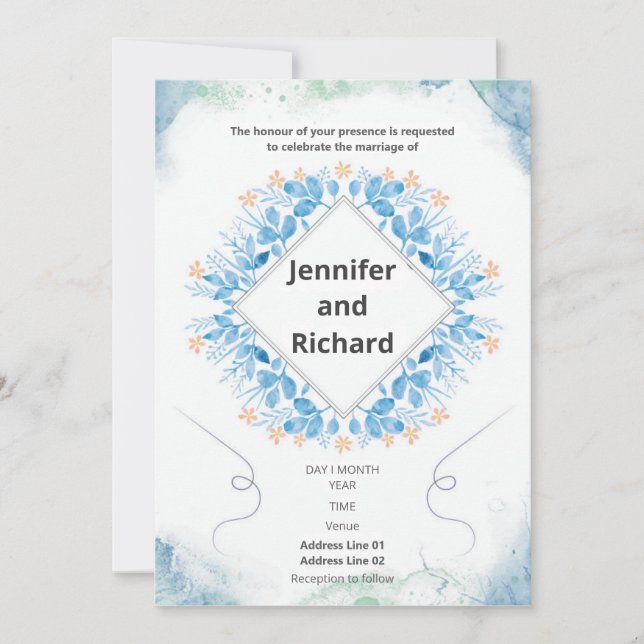 Elegant Navy Blue Floral Wedding Invitation (Front)