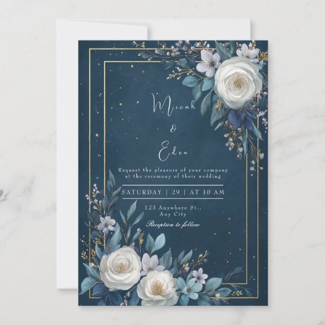 Elegant Navy Blue Floral Wedding  Invitation (Front)