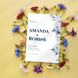 Elegant Navy Blue Floral Wedding Invitation