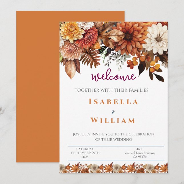 Elegant  Navy Blue Floral Wedding Invitation (Front/Back)