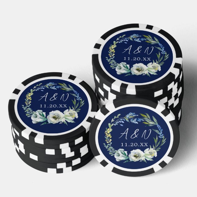 Elegant Navy Blue Floral Wedding Monogram Poker Chips (Stack)