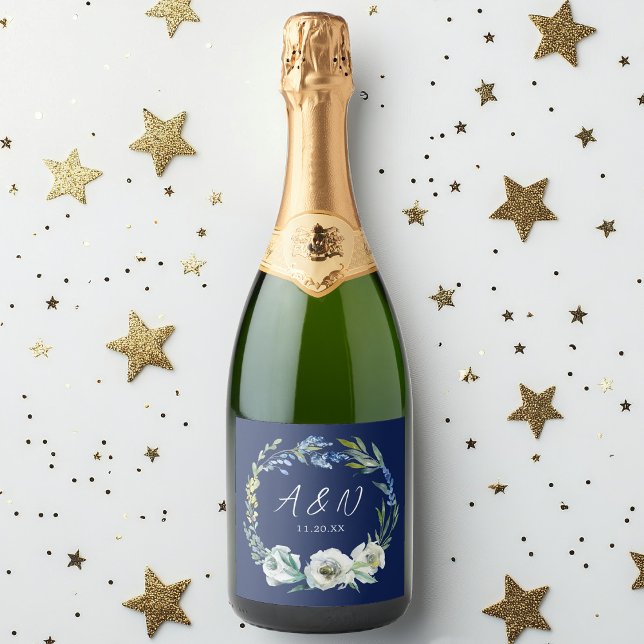 Elegant Navy Blue Floral Wedding Monogram Sparkling Wine Label (Creator Uploaded)