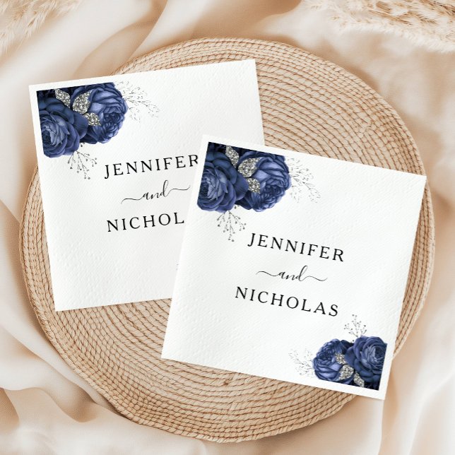 Elegant Navy Blue Floral Wedding Napkin (Elegant Navy Blue Floral Wedding Napkins)