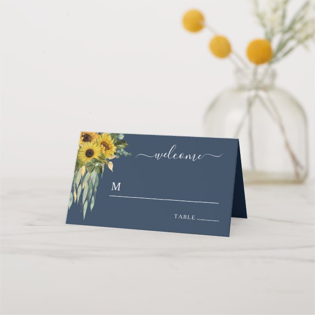 Elegant Navy Blue Floral Wedding  Place Card (Front)