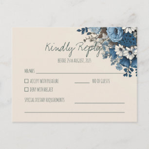 Elegant Navy Blue Floral Wedding RSVP Response Postcard