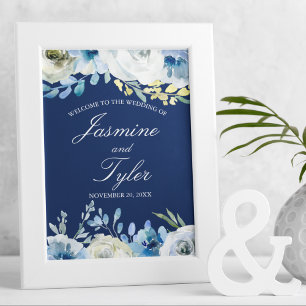 Elegant Navy Blue Floral Welcome to Our Wedding Poster