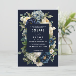 Elegant Navy Blue Floral & White Peonies Wedding Invitation