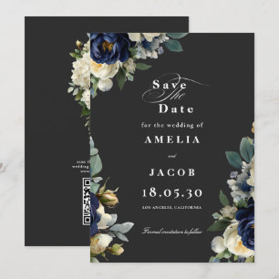 Elegant Navy Blue Floral & White Peonies Wedding Save The Date
