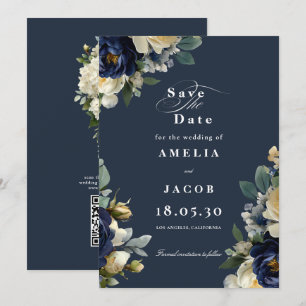 Elegant Navy Blue Floral & White Peonies Wedding Save The Date