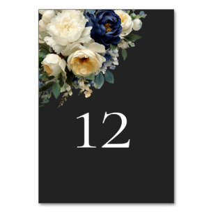 Elegant Navy Blue Floral & White Peonies Wedding Table Number