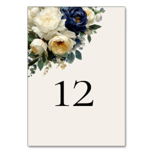 Elegant Navy Blue Floral & White Peonies Wedding Table Number