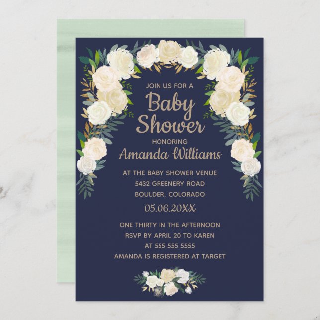 Elegant Navy Blue Floral Wreath Baby Shower Invitation (Front/Back)