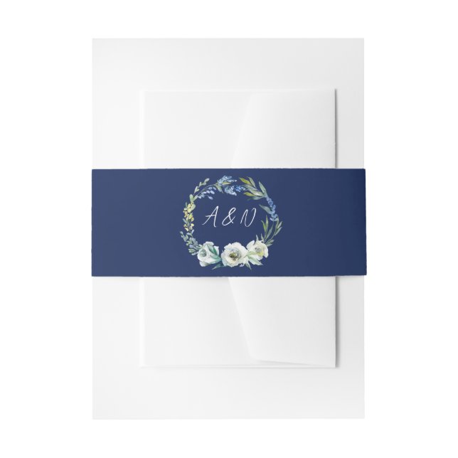 Elegant Navy Blue Floral Wreath Monogram Wedding Invitation Belly Band (Front Example)