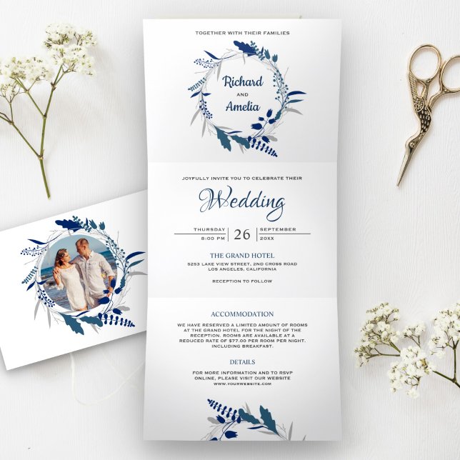 Elegant Navy Blue Floral Wreath Photo Wedding Tri-Fold Invitation (Creator Uploaded)