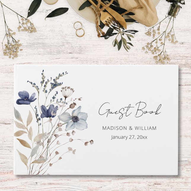 Elegant Navy Blue Flower Bouquet Floral Wedding Guest Book (Close up)