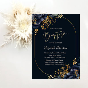 Elegant Navy Blue Flowers Baptism  Invitation