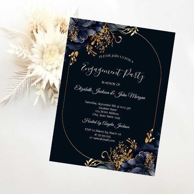 Elegant Navy Blue Flowers Engagement   Invitation (Creator Uploaded)