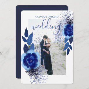 Elegant Navy Blue Flowers Frame Photo Wedding Invitation