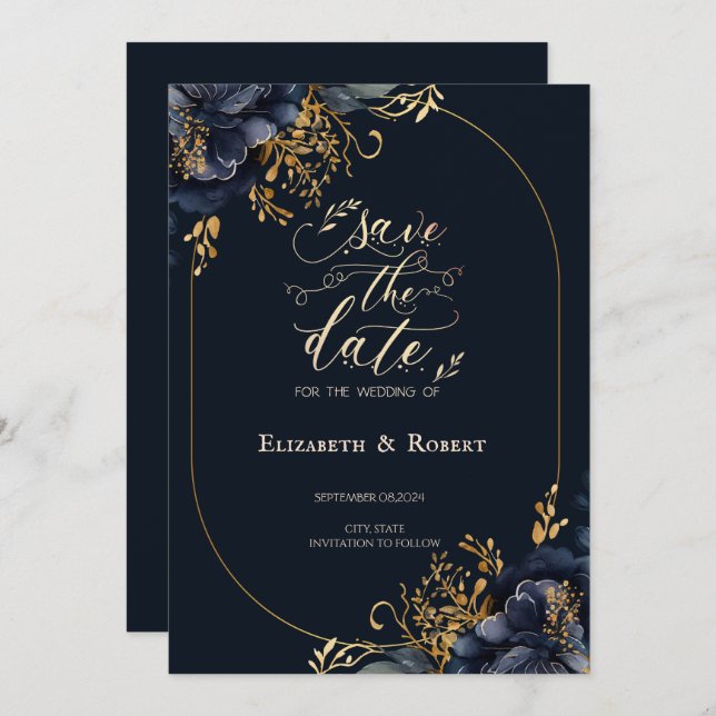 Elegant Navy Blue Flowers Save The Date (Front/Back)