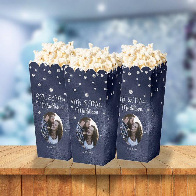 Elegant Navy Blue Foil & Diamond Wedding Popcorn Favour Box (Creator Uploaded)