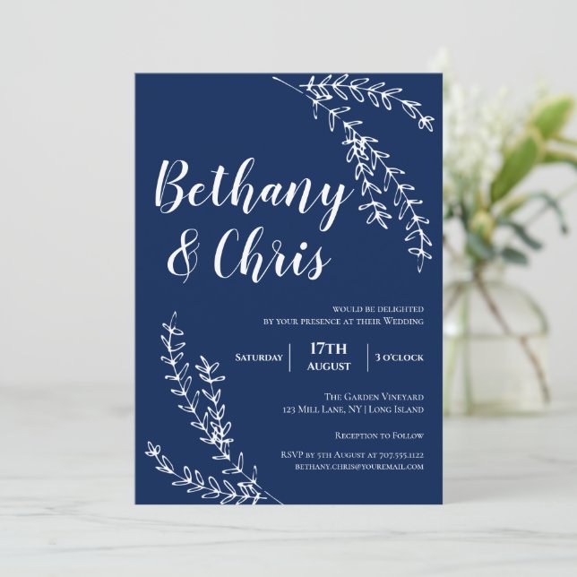 Elegant Navy Blue Foliage Minimalist Wedding Invitation (Standing Front)