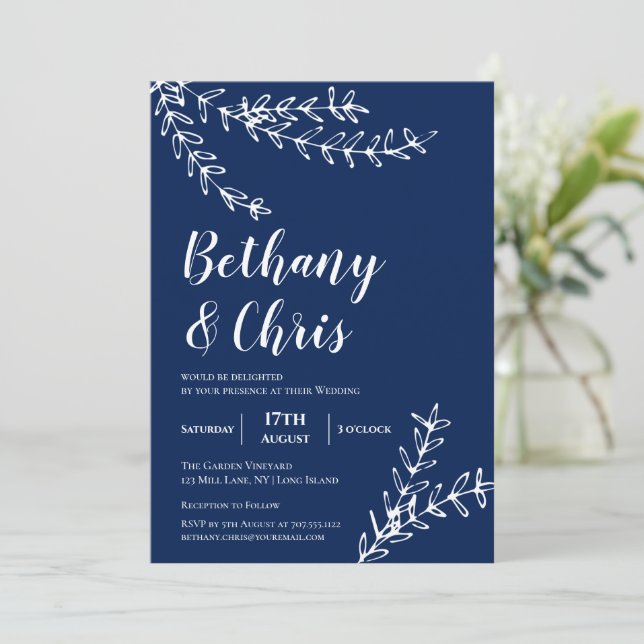 Elegant Navy Blue Foliage Minimalist Wedding Invitation (Standing Front)
