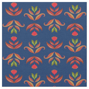 Elegant Navy Blue Folk Art Floral Rustic Cosy Fall Fabric